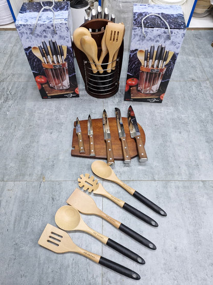 12pc Rotating Premium Knife set + Kitchen Utensil Set with Wooden Block & Cutting Board