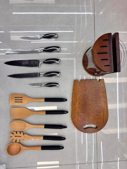 12pc Rotating Premium Knife set + Kitchen Utensil Set with Wooden Block & Cutting Board