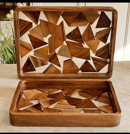 2pc Elegant Wood Mosaic Serving Tray Set