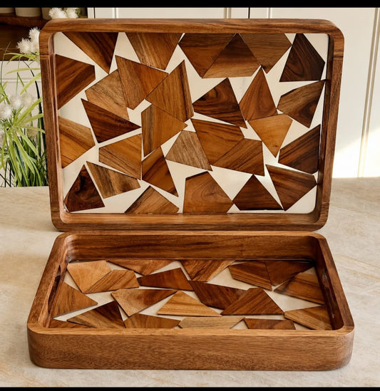 2pc Elegant Wood Mosaic Serving Tray Set