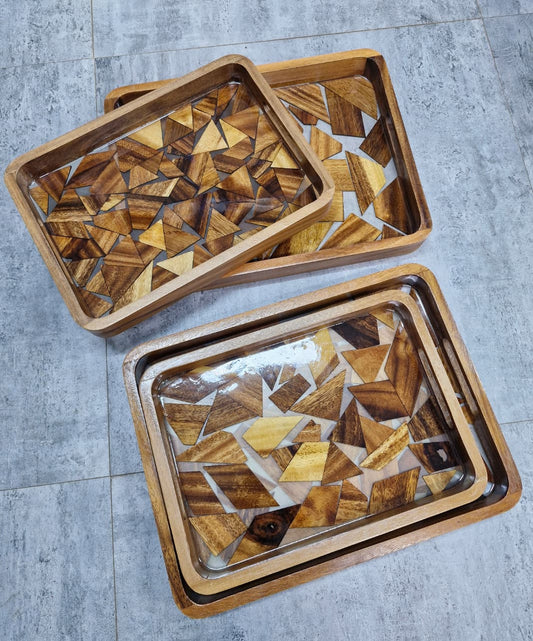 2pc Elegant Wood Mosaic Serving Tray Set