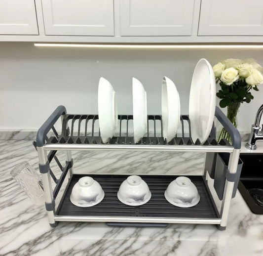 2-Tier Aluminum Dish Drying Rack with Drainer