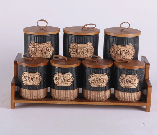 7pc Aesthetic Ceramic Storage Jar Set with Wooden Stand