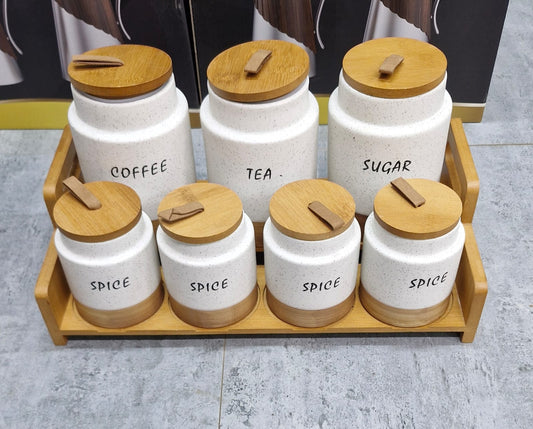 7pc White Ceramic Canister Set with Wooden Stand