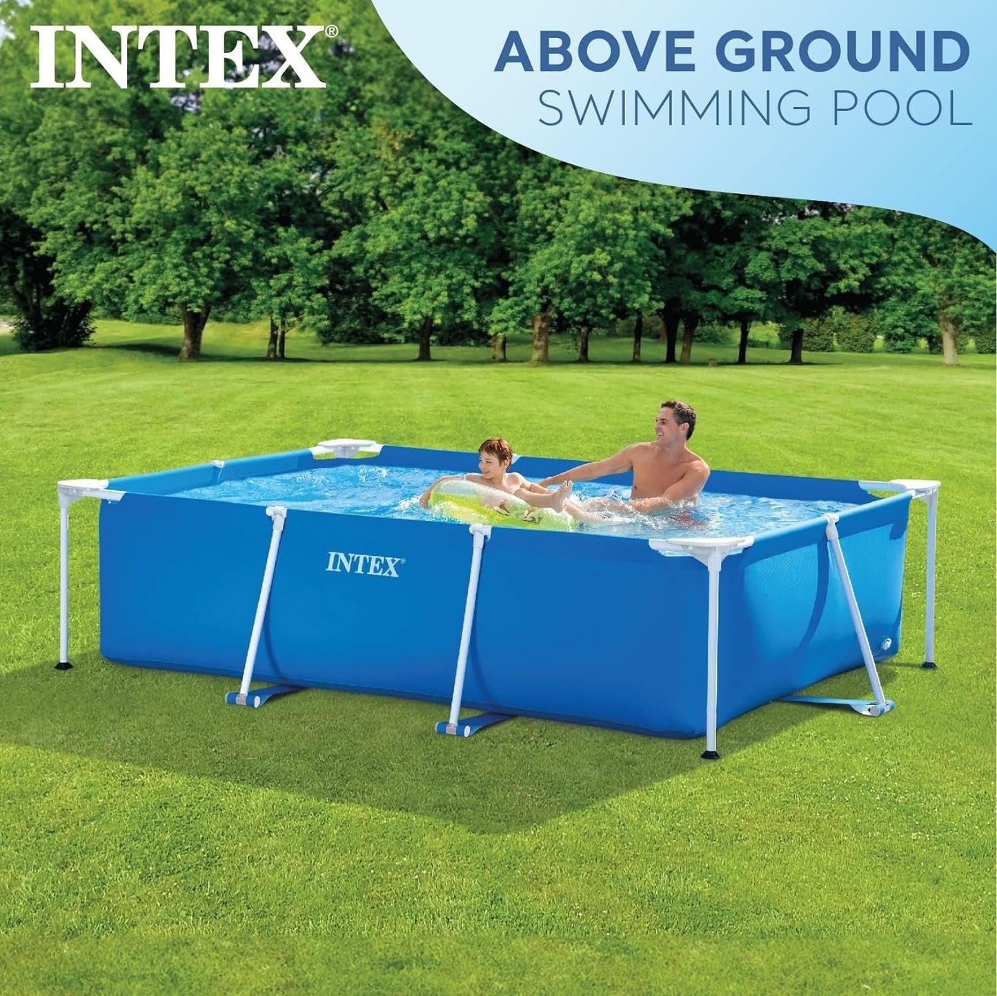 Rectangular Frame Above Ground Quick Easy Set Up Backyard Outdoor Swimming Pool with Drain Plug for Ages 6 and Up 300 x 200 x 75 cm
